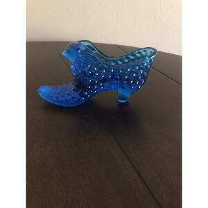 Vintage Fenton Blue Hobnail Glass Shoe With Cats Head USA 1970s